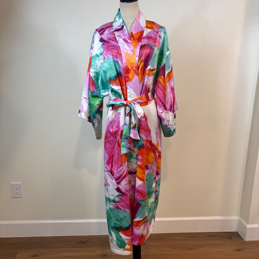 Natori Paraiso Kimono Robe Womens S Multicolor Satin Floral Long Private Luxe